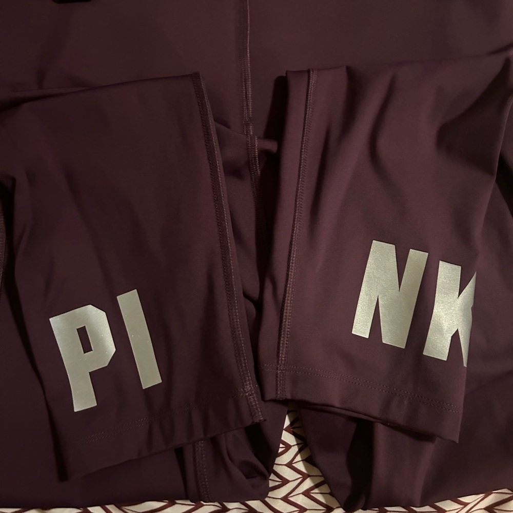 PINK Maroon Leggings with Silver Lettering